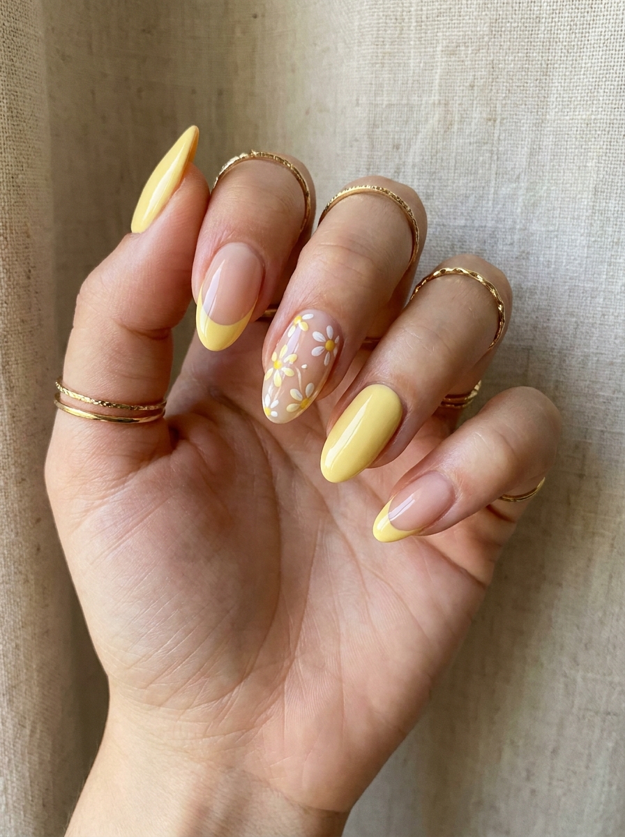 Buttery Yellow Summer Mix Nails mit Nude, French Details und Blüten